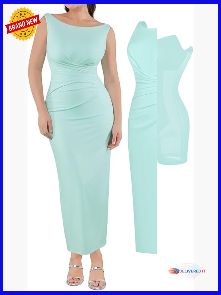 Ruched Bodycon Maxi Dress With Built-In Shapewear, Backless Formal Gown
